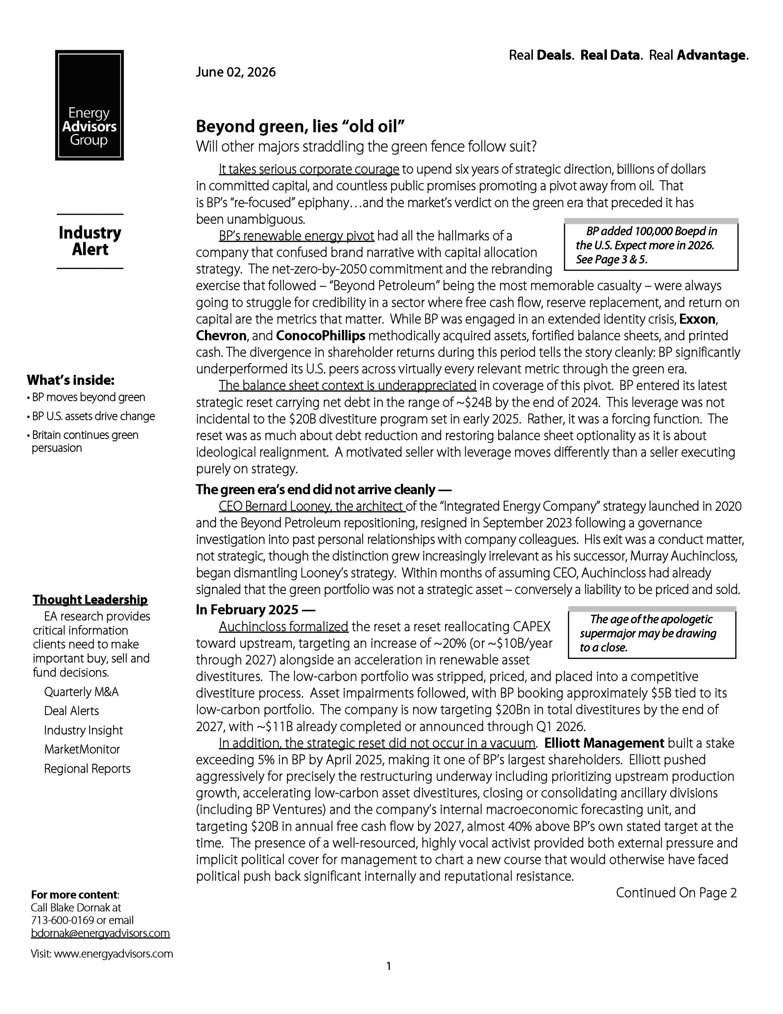 INDUSTRY INSIGHT (THE BP RESET) - Energy Advisors Group INDUSTRY INSIGHT (THE BP RESET)